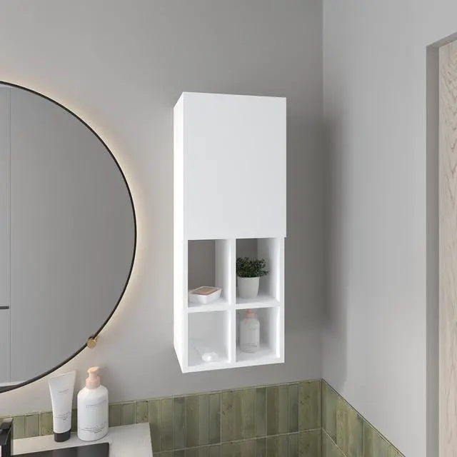 Main image of Wall-Mounted Bathroom Cabinet with Door and 4 Open Shelves, White Finish.