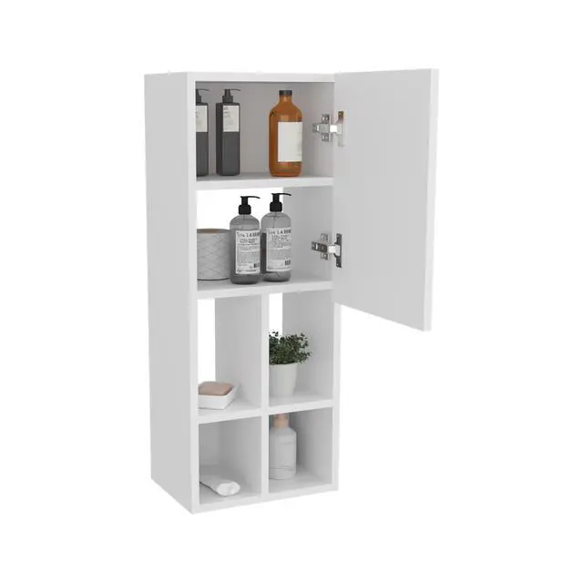 Alt view image 3 of 7 - Wall-Mounted Bathroom Cabinet with Door and 4 Open Shelves, White Finish.