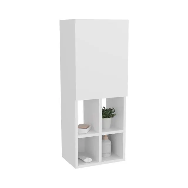 Alt view image 4 of 7 - Wall-Mounted Bathroom Cabinet with Door and 4 Open Shelves, White Finish.