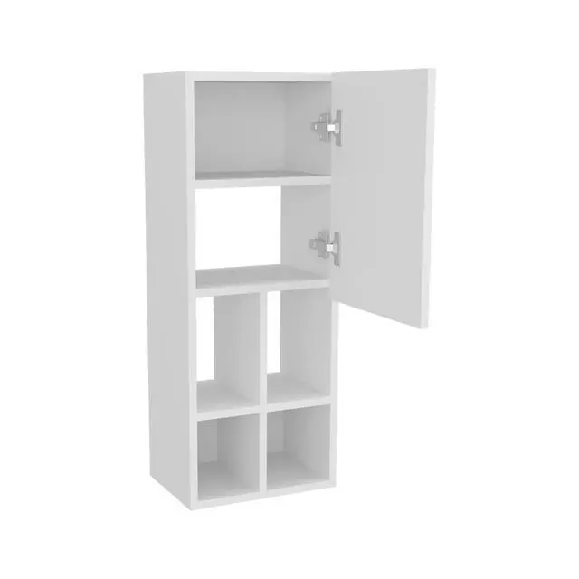 Alt view image 7 of 7 - Wall-Mounted Bathroom Cabinet with Door and 4 Open Shelves, White Finish.