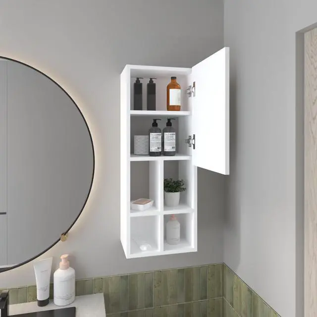 Alt view image 6 of 7 - Wall-Mounted Bathroom Cabinet with Door and 4 Open Shelves, White Finish.