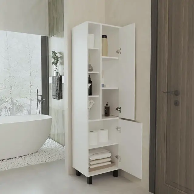 Alt view image 5 of 7 - FM FURNITURE Pinal Linen Cabinet with Open Storage and 2 Doors, White