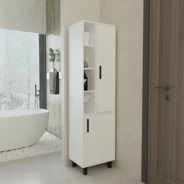 Main image of FM FURNITURE Pinal Linen Cabinet with Open Storage and 2 Doors, White