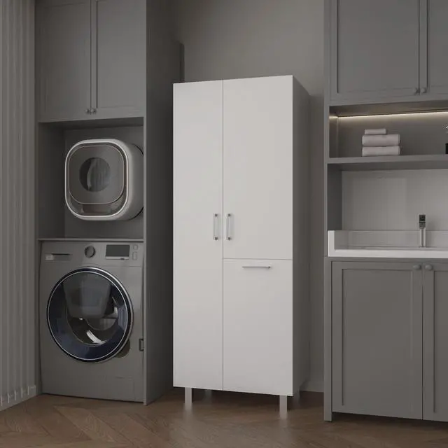 Main image of FM FURNITURE The Mirage Modern Storage Cabinet with 2 Doors, 1 Drawer, and Metal Legs, Perfect for Organizing Bathrooms, Laundry Rooms, and Common Areas, White