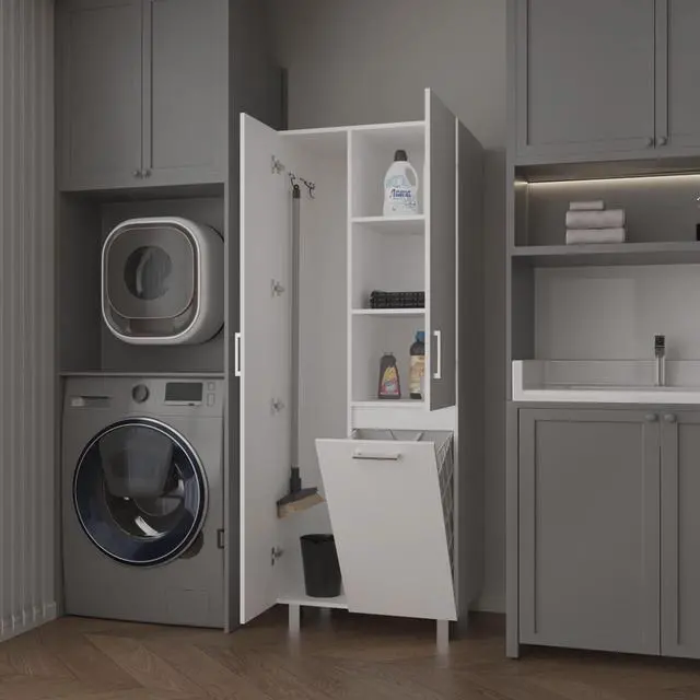 Alt view image 2 of 7 - FM FURNITURE The Mirage Modern Storage Cabinet with 2 Doors, 1 Drawer, and Metal Legs, Perfect for Organizing Bathrooms, Laundry Rooms, and Common Areas, White
