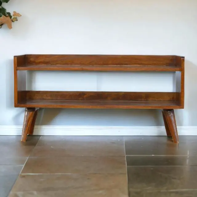 Alt view image 2 of 7 - Solid Wood Nordic Storage Bench, Open Storage, Chestnut, Brown