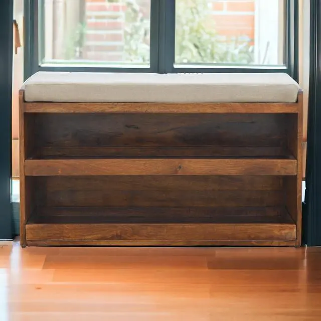 Alt view image 2 of 7 - Mud Linen Pull out Shoe Bench, 2 Shelves, Chestnut