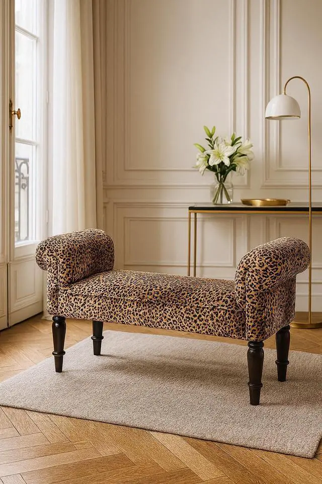 Main image of Leopard Print Velvet Bench, Upholstered Yellow and Brown