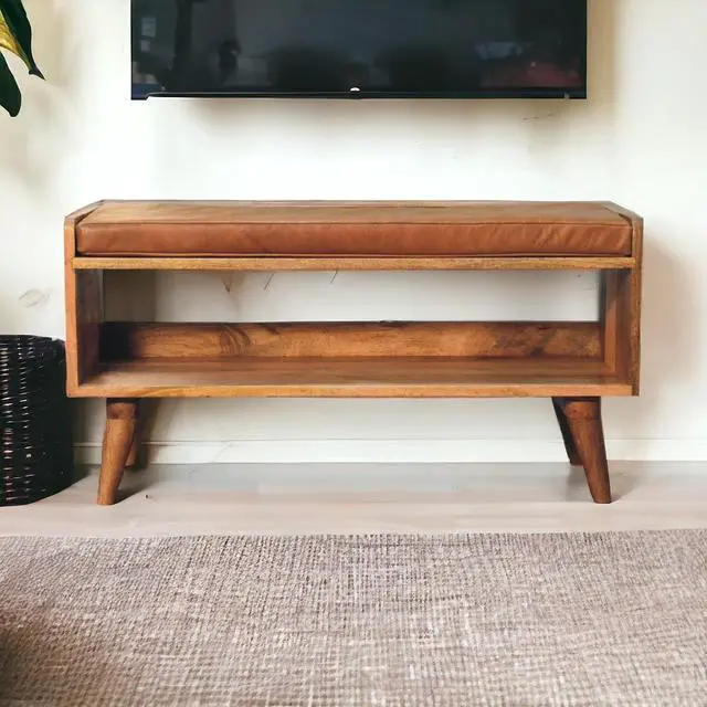 Main image of Solid Wood Bench with Leather Upholstered Seat pad, Open Storage, Oak-ish, Tan and Brown