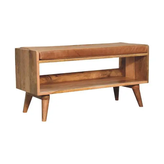 Alt view image 3 of 7 - Solid Wood Bench with Leather Upholstered Seat pad, Open Storage, Oak-ish, Tan and Brown