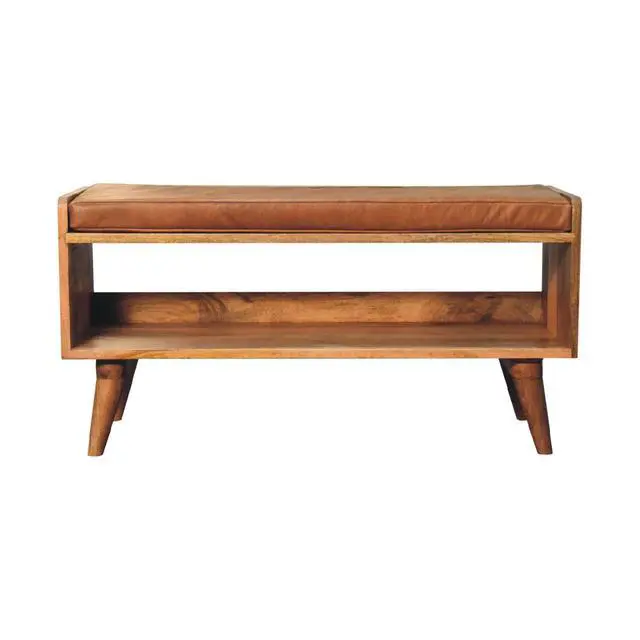 Alt view image 2 of 7 - Solid Wood Bench with Leather Upholstered Seat pad, Open Storage, Oak-ish, Tan and Brown