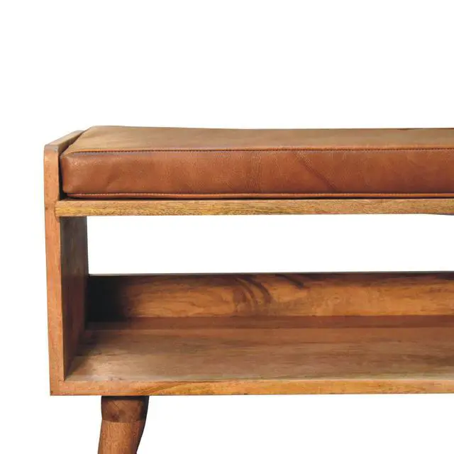 Alt view image 5 of 7 - Solid Wood Bench with Leather Upholstered Seat pad, Open Storage, Oak-ish, Tan and Brown