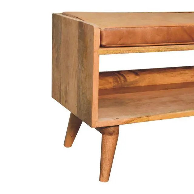 Alt view image 7 of 7 - Solid Wood Bench with Leather Upholstered Seat pad, Open Storage, Oak-ish, Tan and Brown
