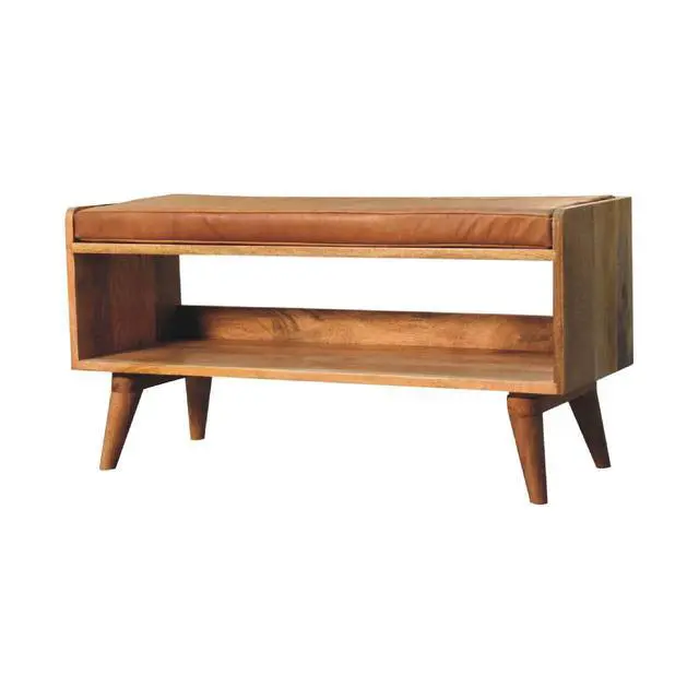 Alt view image 4 of 7 - Solid Wood Bench with Leather Upholstered Seat pad, Open Storage, Oak-ish, Tan and Brown