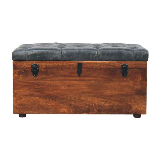 Alt view image 2 of 7 - Solid Wood Black Buffalo Hide Leather Upholstered Storage Trunk