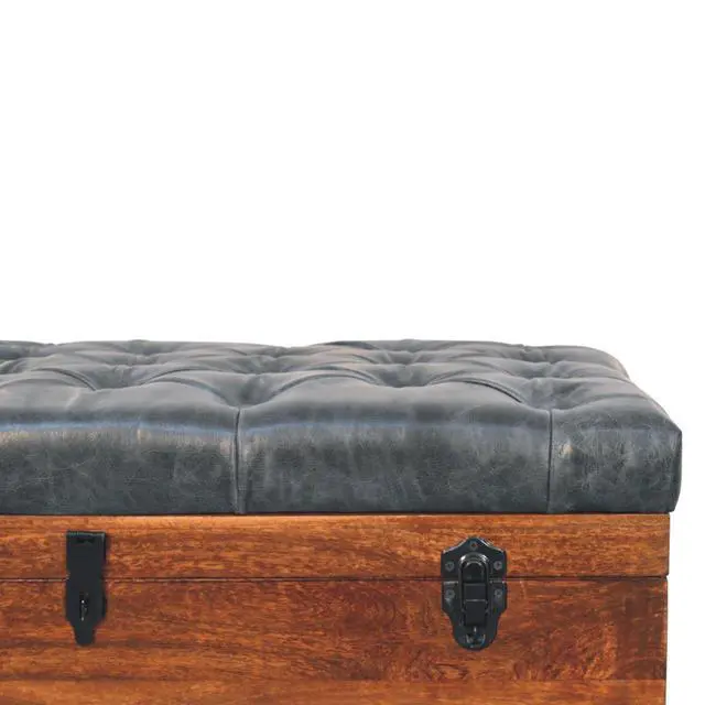 Alt view image 5 of 7 - Solid Wood Black Buffalo Hide Leather Upholstered Storage Trunk