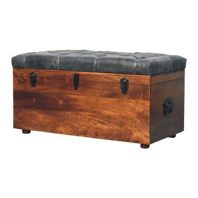 Alt view image 4 of 7 - Solid Wood Black Buffalo Hide Leather Upholstered Storage Trunk