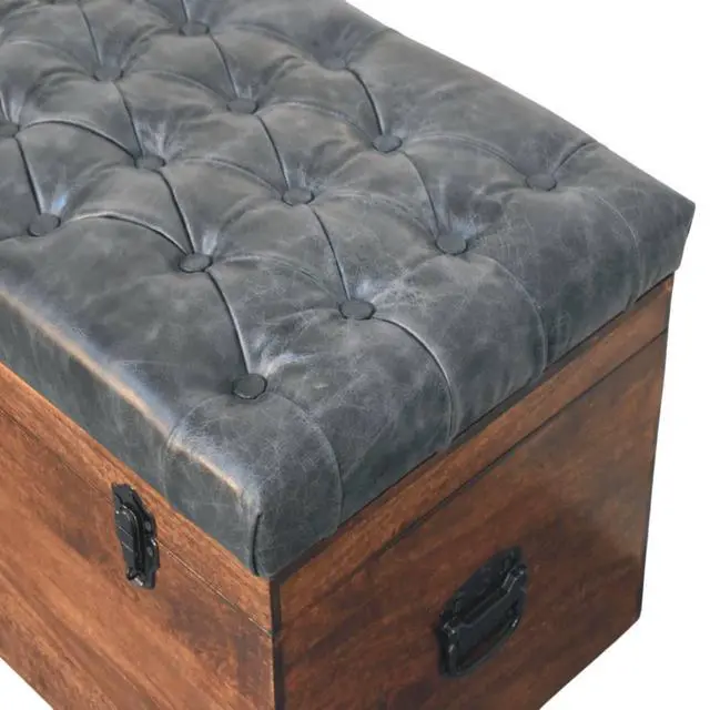 Alt view image 6 of 7 - Solid Wood Black Buffalo Hide Leather Upholstered Storage Trunk