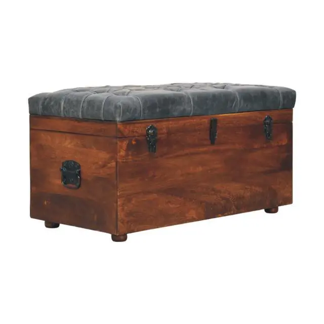 Alt view image 3 of 7 - Solid Wood Black Buffalo Hide Leather Upholstered Storage Trunk