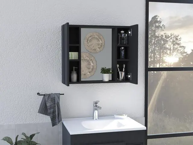 Alt view image 4 of 7 - Artemisa Medicine Cabinet, Double Door, Mirror, One External Shelf -Black