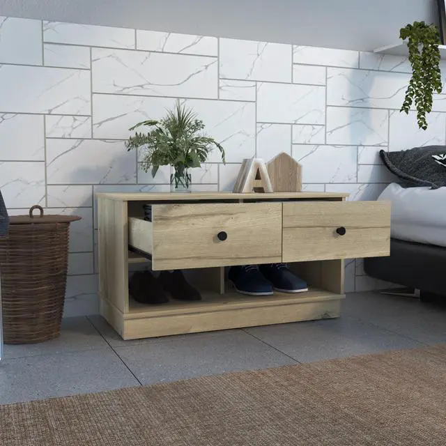 Alt view image 2 of 5 - Hamilton Storage Bench, Two Open Shelves, Two Drawers -Light Oak
