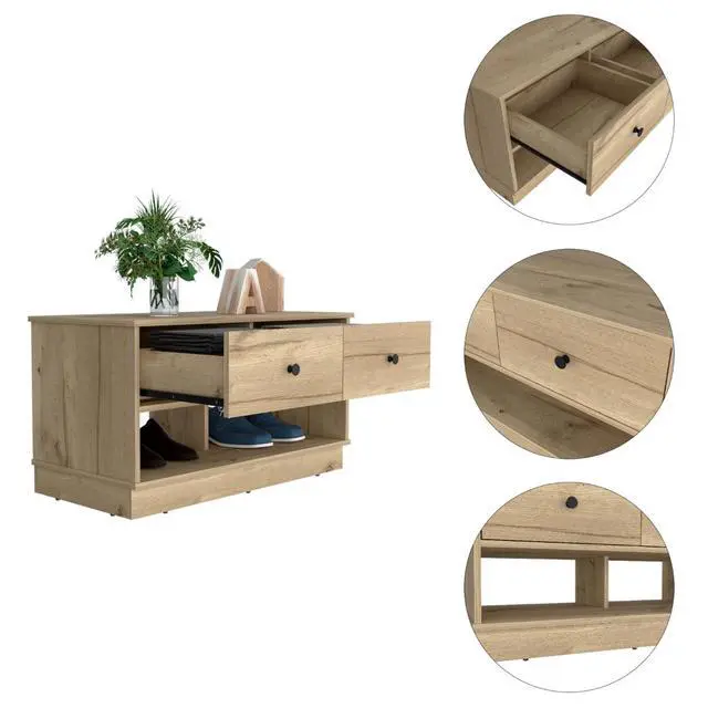 Alt view image 3 of 5 - Hamilton Storage Bench, Two Open Shelves, Two Drawers -Light Oak