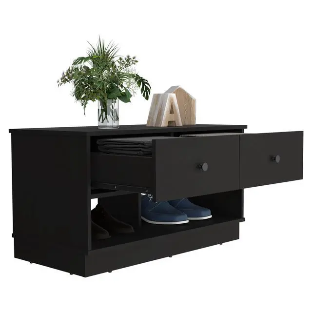 Alt view image 7 of 7 - Hamilton Storage Bench, Two Open Shelves, Two Drawers -Black