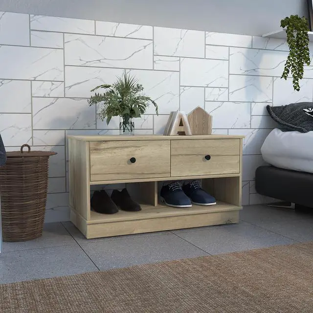 Main image of Hamilton Storage Bench, Two Open Shelves, Two Drawers -Light Oak