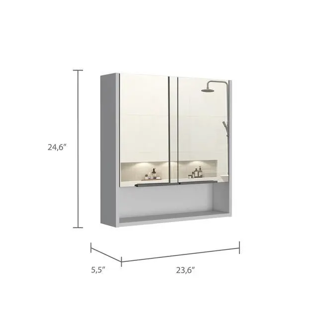 Alt view image 4 of 7 - Jaspe Mirror Cabinet, Three Internal Shelves, One Open Shelf, Double Door Cabinet -White