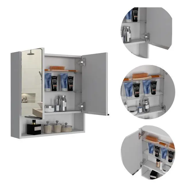 Alt view image 3 of 7 - Jaspe Mirror Cabinet, Three Internal Shelves, One Open Shelf, Double Door Cabinet -White