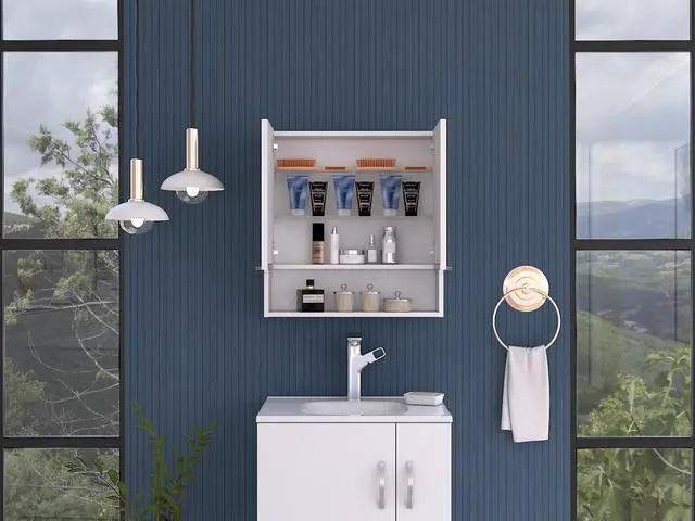 Alt view image 5 of 7 - Jaspe Mirror Cabinet, Three Internal Shelves, One Open Shelf, Double Door Cabinet -White