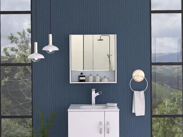 Main image of Jaspe Mirror Cabinet, Three Internal Shelves, One Open Shelf, Double Door Cabinet -White
