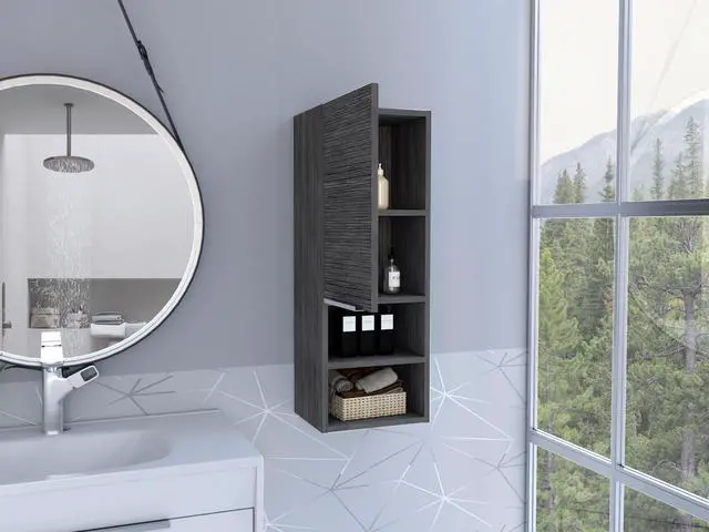 Alt view image 5 of 7 - Mila Bathroom Cabinet, Two Interior Shelves, Two External Shelves, Single Door Cabinet -Smokey Oak