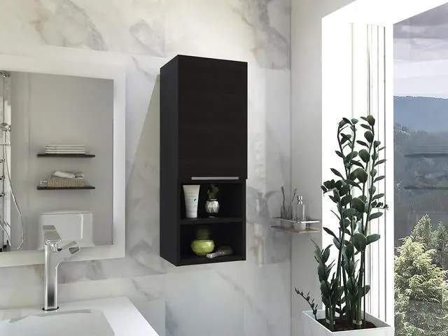 Main image of Mila Bathroom Cabinet, Two Interior Shelves, Two External Shelves, Single Door Cabinet -Black