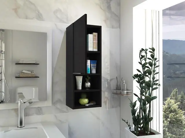 Alt view image 5 of 7 - Mila Bathroom Cabinet, Two Interior Shelves, Two External Shelves, Single Door Cabinet -Black