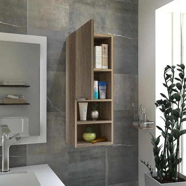 Alt view image 4 of 5 - Mila Bathroom Cabinet, Two Interior Shelves, Two External Shelves, Single Door Cabinet -Pine