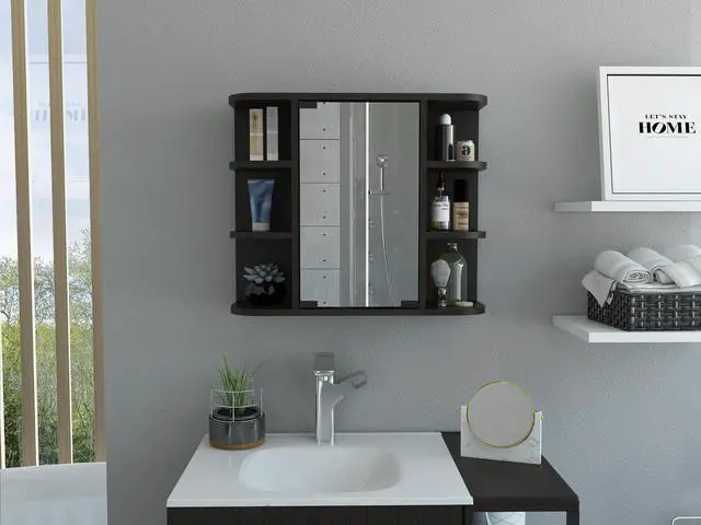 Main image of Milan Medicine Cabinet, Six External Shelves Mirror, Three Internal Shelves -Black