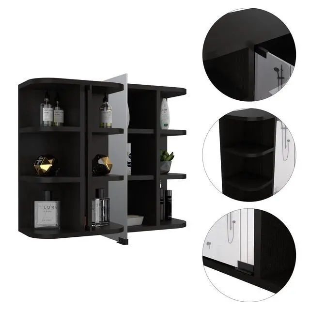 Alt view image 3 of 7 - Milan Medicine Cabinet, Six External Shelves Mirror, Three Internal Shelves -Black