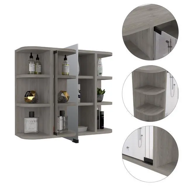 Alt view image 3 of 7 - Milan Medicine Cabinet, Six External Shelves Mirror, Three Internal Shelves -Light Gray