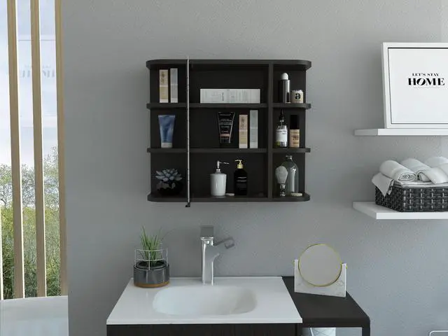 Alt view image 5 of 7 - Milan Medicine Cabinet, Six External Shelves Mirror, Three Internal Shelves -Black