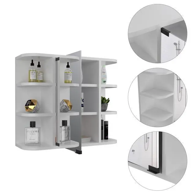 Alt view image 3 of 7 - Milan Medicine Cabinet, Six External Shelves Mirror, Three Internal Shelves -White