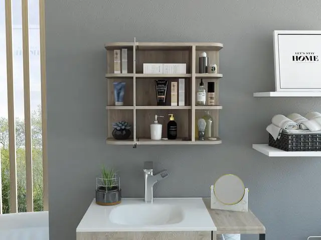 Alt view image 5 of 7 - Milan Medicine Cabinet, Six External Shelves Mirror, Three Internal Shelves -Light Gray