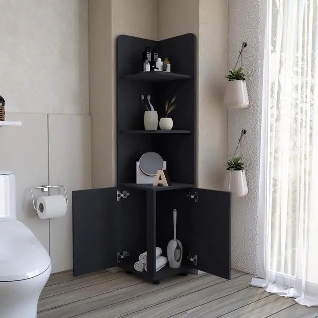 Alt view image 2 of 7 - Malibu 62" Tall Double Door Corner Linen Cabinet with Four Shelves Black