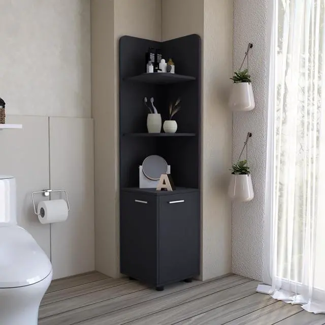 Main image of Malibu 62" Tall Double Door Corner Linen Cabinet with Four Shelves Black