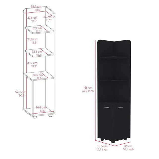 Alt view image 6 of 7 - Malibu 62" Tall Double Door Corner Linen Cabinet with Four Shelves Black