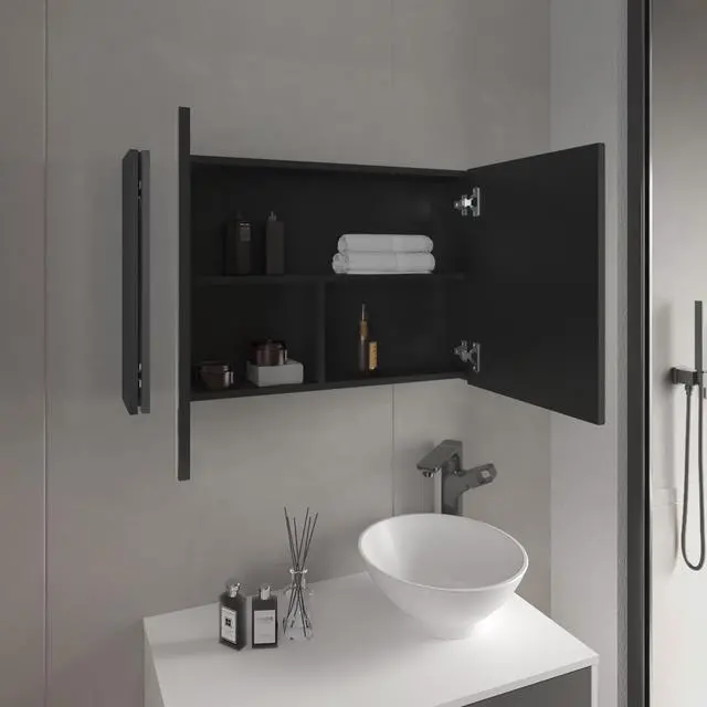 Alt view image 5 of 7 - Bouti 19.7" H x 31.5" W Double Door Mirror Medicine Cabinet, Three interior Shelves for Bathroom, Kitchen Black