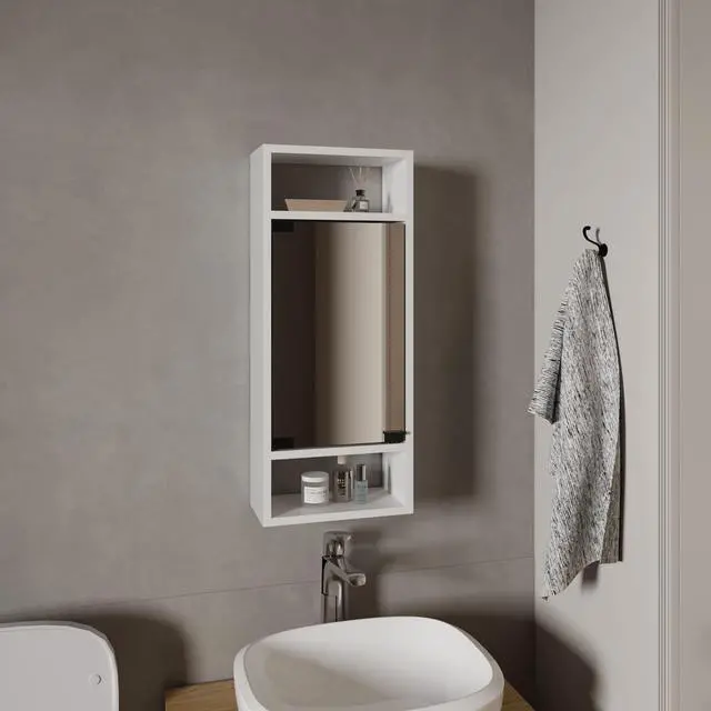 Main image of Uros Wall-Mounted Mirror Medicine Cabinet With One Door And Interior Storage Shelves, White