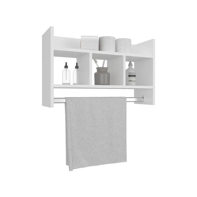 Alt view image 7 of 7 - Bathroom Wall Shelf with Towel Bar, Compact Storage With A Wide Upper Shelf, Three Comapct Middle Shelves and Towel Holder for Bathroom Organizer, White