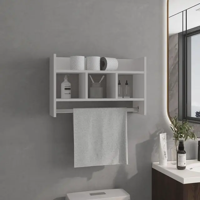 Main image of Bathroom Wall Shelf with Towel Bar, Compact Storage With A Wide Upper Shelf, Three Comapct Middle Shelves and Towel Holder for Bathroom Organizer, White