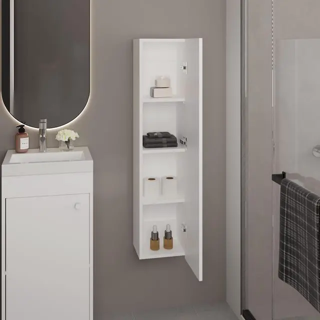 Alt view image 2 of 7 - 43 Inch One Door Wall-Mounted Bathroom Cabinet with 3 Storage Shelves, Vertical Organizer for Bathroom, Bedroom or Laundry Room